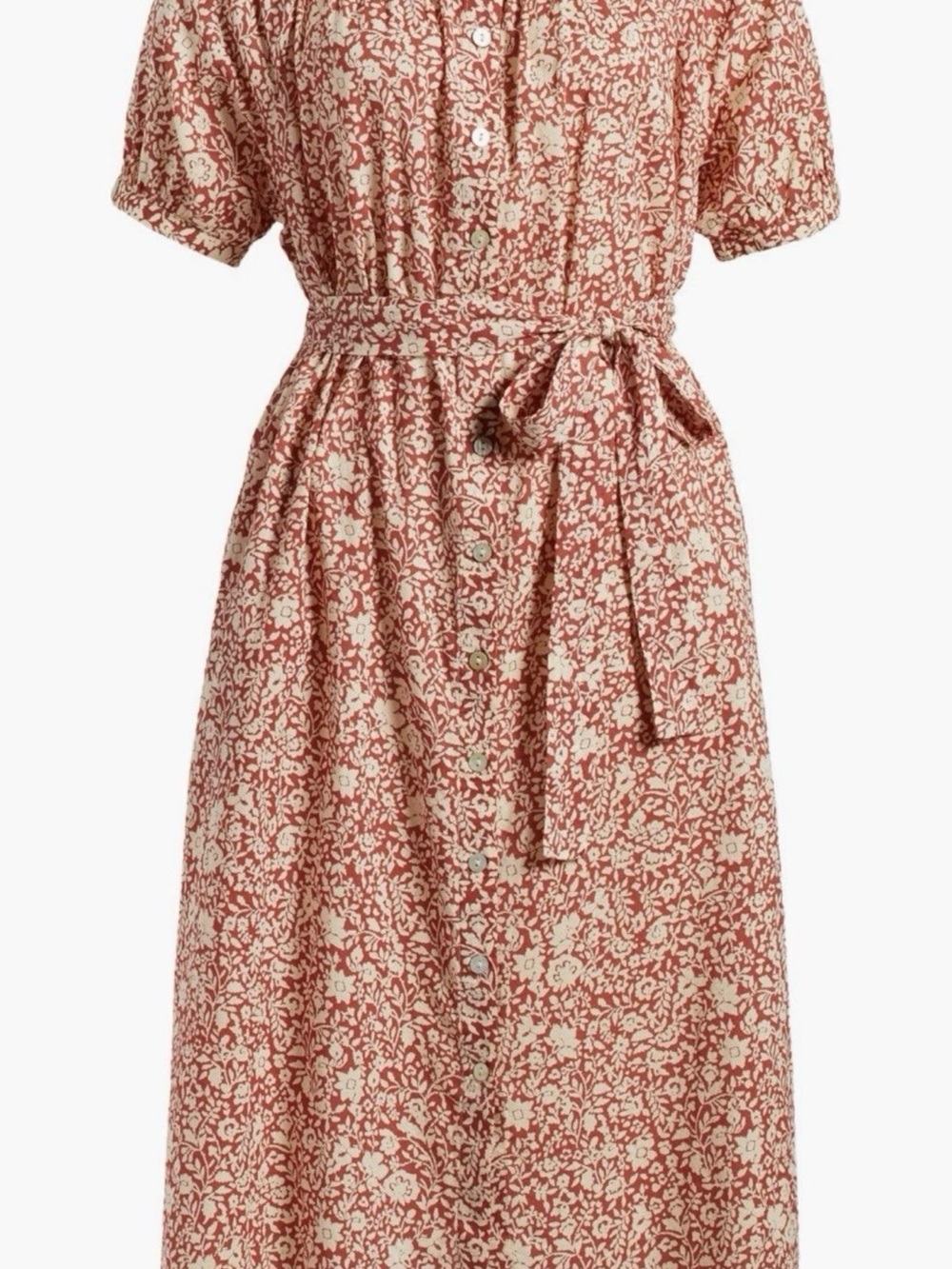 Faherty Carmel Red Cream Floral Belted Shirt Midi Dress Organic Cotton Size L - Picture 4 of 16